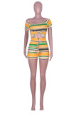 Yellow Polyester Sexy Fashion Striped Print Patchwork Straight Short Sleeve