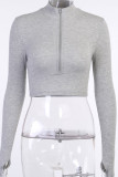 Grey Sexy Solid Split Joint O Neck Mid Waist Tops
