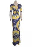 Yellow Sexy Fashion Cap Sleeve Short Sleeves V Neck A-Line Floor-Length Patchwork Print