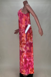 Rose Red Sexy Casual Print Tie Dye Backless Spaghetti Strap Loose Jumpsuits