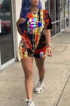Black Polyester Fashion adult Street Patchwork Print Tie Dye asymmetrical Two Piece Suits Lips Print pencil Short Sleeve Two Pieces
