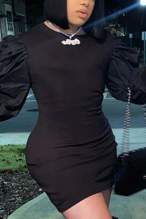 Black Fashion Solid Patchwork O Neck Wrapped Skirt Dresses