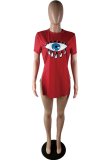 Red O Neck Short Sleeve Print Split Patchwork Tees & T-shirts