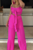 rose red Fashion perspective crop top Solid Straight Two-piece Pants Set