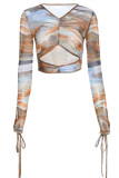 Green Fashion Sexy Print Hollowed Out See-through V Neck Tops