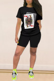 Black Casual Patchwork Print Straight Short Sleeve Two Pieces