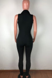 Black Sexy street Solid Draped Polyester Sleeveless Turndown Collar Jumpsuits