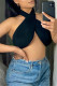 Black Fashion Sexy Solid Backless Halter Tops