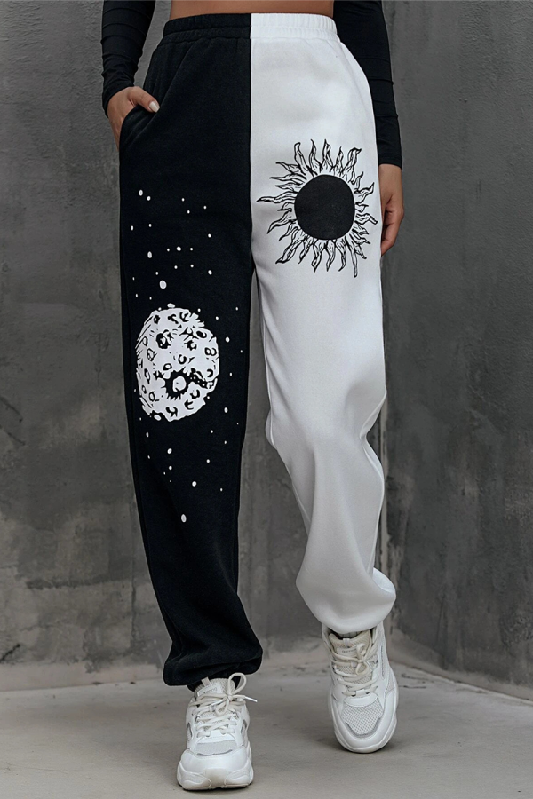 Black Casual Print Patchwork Harlan Mid Waist Harlan Positioning Print Bottoms