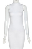 White Polyester Fashion Street Tank Sleeveless O neck Pencil Dress skirt Solid Dresses