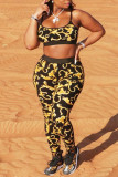 Black Sexy Casual Print Backless Spaghetti Strap Sleeveless Two Pieces