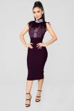 Black Polyester Sexy Fashion Tank Sleeveless O neck Step Skirt Knee-Length lace Patchwork Feather Club Dr