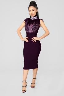 Dark Purple Polyester Sexy Fashion Tank Sleeveless O neck Step Skirt Knee-Length lace Patchwork Feather Club Dr