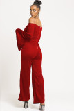 Red Sexy Patchwork Solid Ruffled Polyester Long Sleeve one word collar Jumpsuits