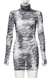 Multicolor Sexy Print Patchwork Turtleneck Wrapped Skirt Dresses