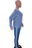Blue Casual Two Piece Suits Striped Straight Long Sleeve Two-piece Pants Set