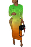 Green Milk. Fashion adult Ma'am Street Cap Sleeve Long Sleeves O neck Pencil Dress Ankle-Length Ombre Dresses