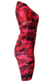 Red Sexy Patchwork Gradient Print Two Piece Suits Camouflage pencil Short Sleeve