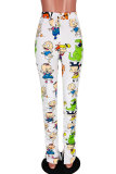 White Yellow Light Purple Polyester Button Fly High Patchwork Print Character Draped Boot Cut Pants Bottoms