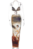 Colour Sexy Print Split Joint Halter Printed Dress Dresses