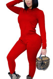 Red Casual Polyester Solid O Neck Long Sleeve Regular Sleeve Short Two Pieces