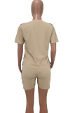 Khaki Polyester Fashion Sexy Patchwork Solid Two Piece Suits Straight Short Sleeve Two Pieces