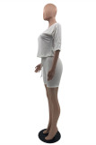 White Fashion Casual Solid Basic V Neck Half Sleeve Two Pieces