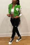 Green Fashion Casual Patchwork Embroidered Mandarin Collar Outerwear