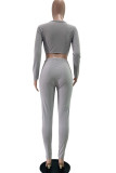 Grey Casual Solid Split Joint U Neck Long Sleeve Two Pieces
