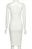 White Fashion Sexy Solid Fold V Neck Sling Dress