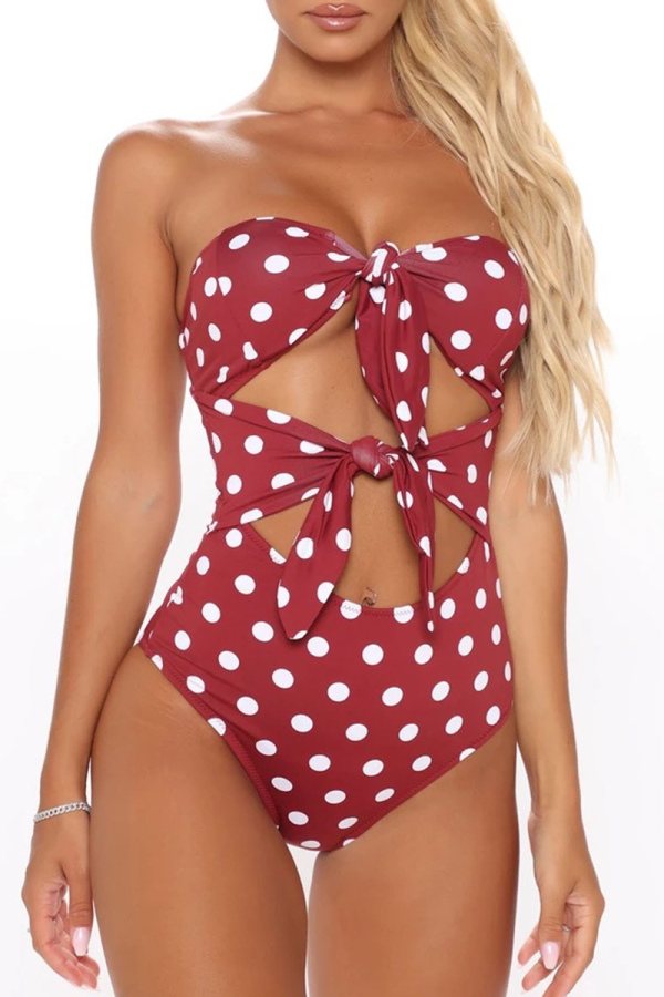 Burgundy Sexy Dot Hollowed Out Swimwears