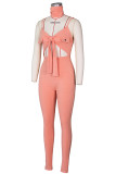 Pink Fashion Sexy Patchwork bandage Hollow Solid Sleeveless Slip Jumpsuits