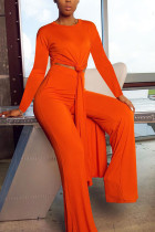 Orange Fashion British Style Adult Polyester Solid Slit O Neck Long Sleeve Regular Sleeve Long Two Pieces