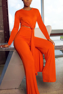 Orange Fashion British Style Adult Polyester Solid Slit O Neck Long Sleeve Regular Sleeve Long Two Pieces