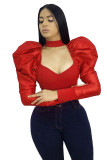 Red Polyester V Neck Long Sleeve Patchwork asymmetrical Solid Slim fit