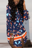 Tibetan Blue Sexy Print Patchwork Turndown Collar Straight Dresses