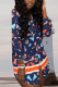 Tibetan Blue Sexy Print Patchwork Turndown Collar Straight Dresses