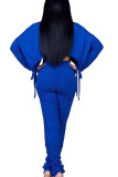 Blue Sexy Polyester Solid Split Joint Fold O Neck Long Sleeve Regular Sleeve Short Two Pieces