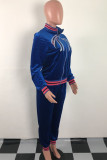 Blue British Style Patchwork Embroidered Sequins Zipper Collar Long Sleeve Two Pieces