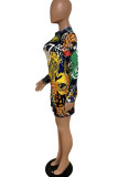 Yellow Work Daily Print Patchwork O Neck Pencil Skirt Dresses