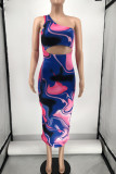 Multicolor Fashion Sexy Print Hollowed Out Backless One Shoulder Sleeveless Dress
