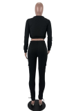 Black Casual Solid Draw String O Neck Long Sleeve Two Pieces