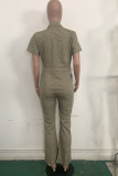 Khaki Fashion street Button Solid Short Sleeve Turndown Collar Jumpsuits