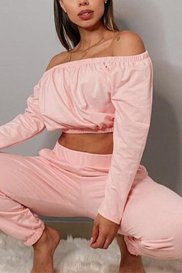 Pink Sexy Solid Patchwork Bateau Neck Nine Points Sleeve Two Pieces
