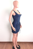 The cowboy blue Sexy Solid Draw String Zipper Spaghetti Strap Pencil Skirt Dresses