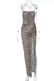 Leopard Print Sexy Leopard High Opening Mesh Spaghetti Strap Irregular Dress Dresses