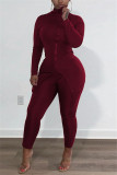 Wine Red Fashion Casual Solid Slit Turtleneck Long Sleeve Two Pieces
