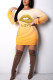 Yellow Polyester Fashion Sexy adult Ma'am Cap Sleeve Long Sleeves O neck Step Skirt skirt Print Dresses