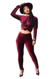 Red Velvet Lightly cooked Fashion adult Solid Two Piece Suits pencil Long Sleeve Two-piece Pants Set