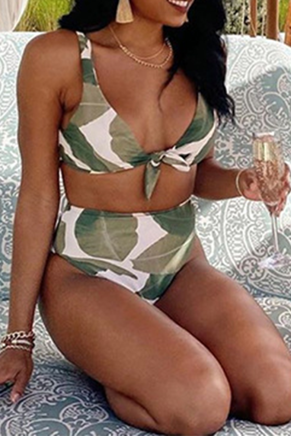 Green Sexy Print Bandage Split Joint Swimwears